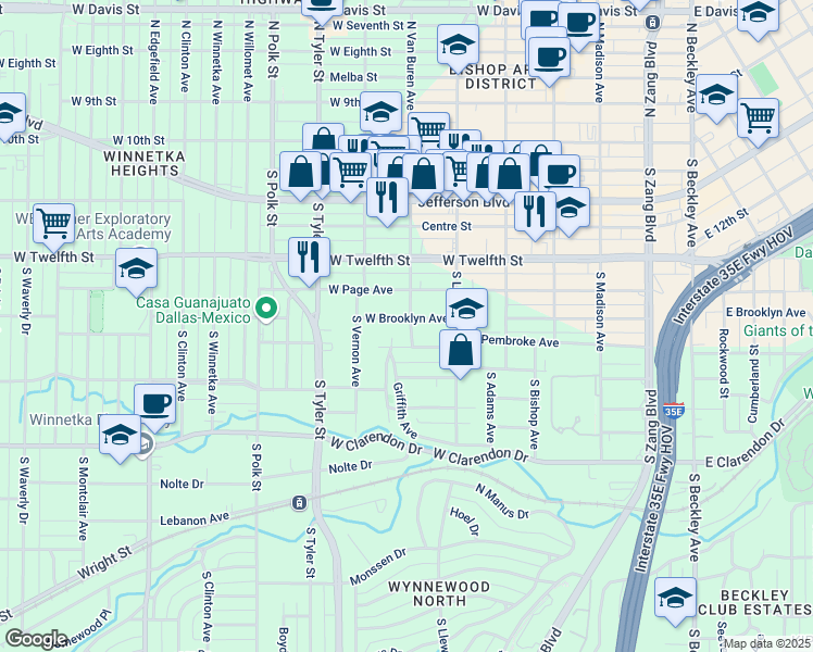 map of restaurants, bars, coffee shops, grocery stores, and more near 700 West Brooklyn Avenue in Dallas