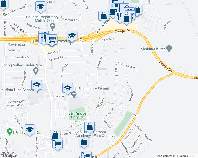map of restaurants, bars, coffee shops, grocery stores, and more near 3323 Ybarra Road in Spring Valley