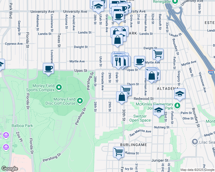 map of restaurants, bars, coffee shops, grocery stores, and more near 2869 Thorn Street in San Diego