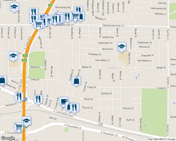 map of restaurants, bars, coffee shops, grocery stores, and more near 2813 Beaty Court in Fort Worth