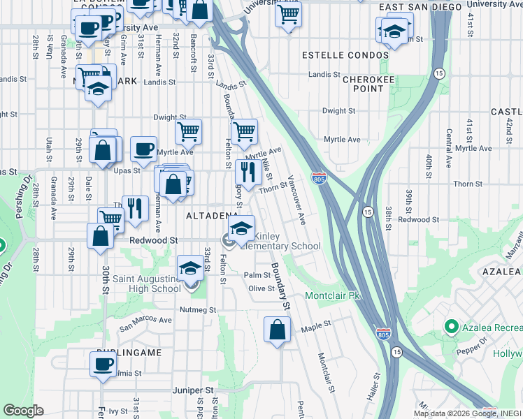 map of restaurants, bars, coffee shops, grocery stores, and more near 3235 Mckinley Street in San Diego