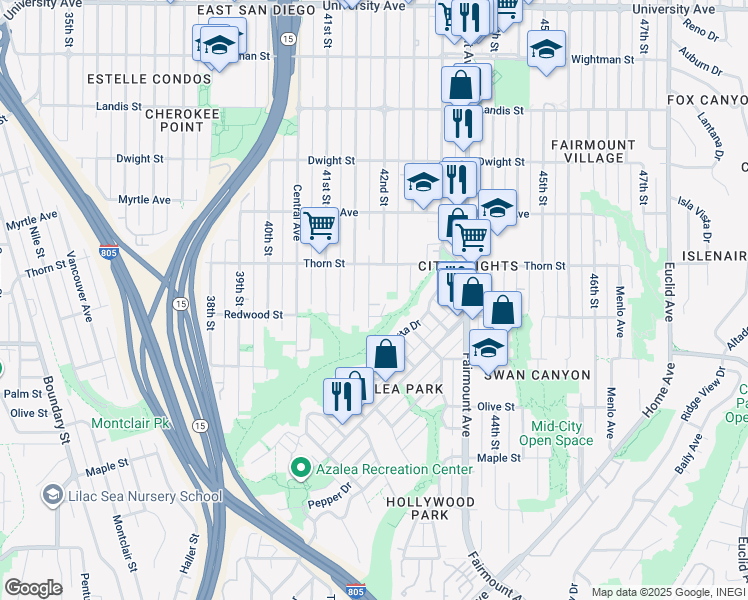 map of restaurants, bars, coffee shops, grocery stores, and more near 3126 42nd Street in San Diego