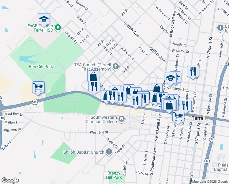 map of restaurants, bars, coffee shops, grocery stores, and more near 202 North Park Avenue in Terrell