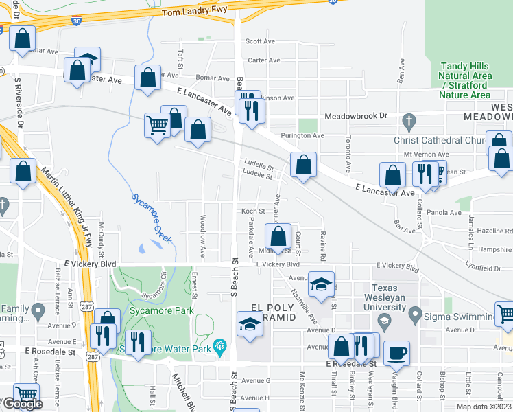map of restaurants, bars, coffee shops, grocery stores, and more near 510 Parkdale Avenue in Fort Worth