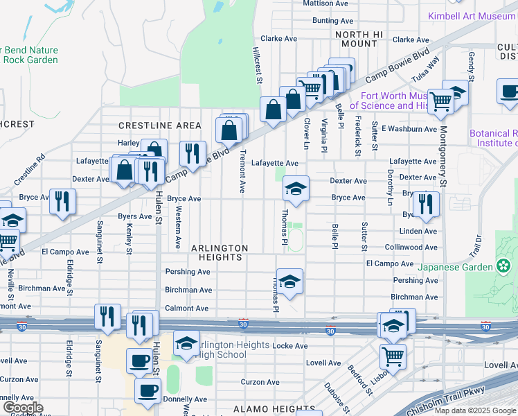 map of restaurants, bars, coffee shops, grocery stores, and more near 2108 Hillcrest Street in Fort Worth