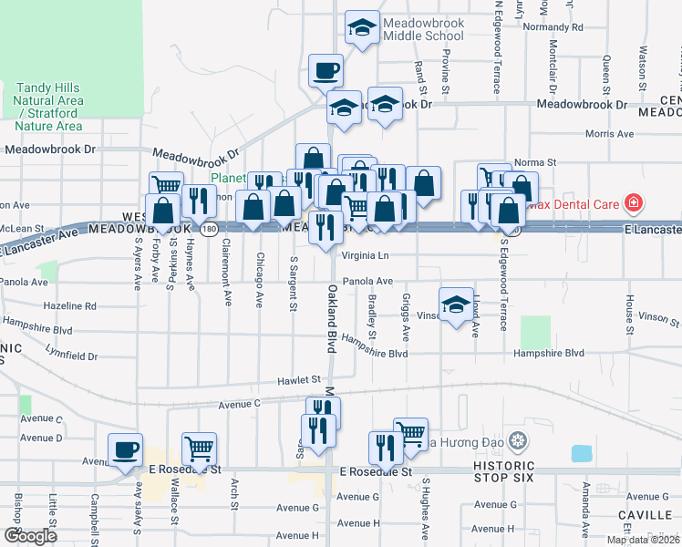 map of restaurants, bars, coffee shops, grocery stores, and more near 4205 Panola Avenue in Fort Worth