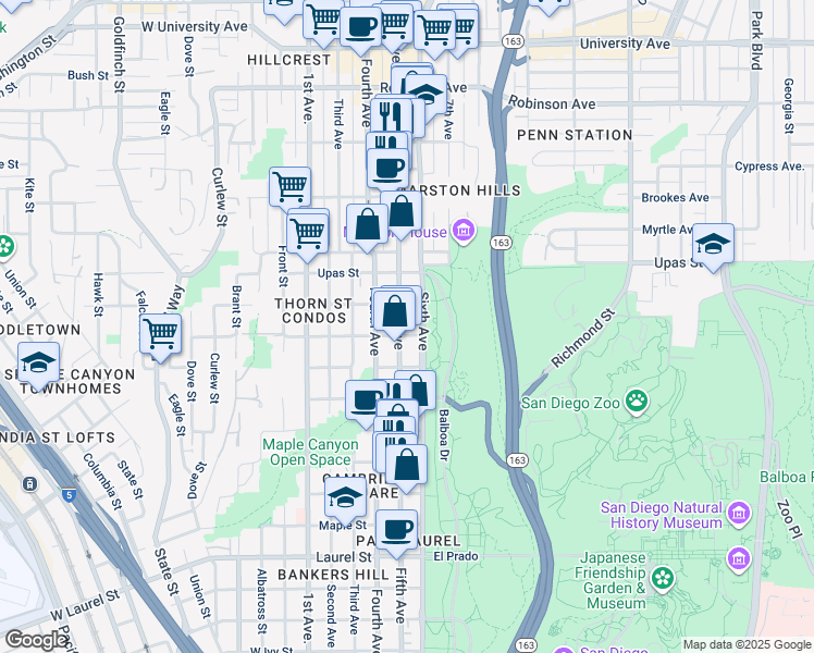 map of restaurants, bars, coffee shops, grocery stores, and more near in San Diego