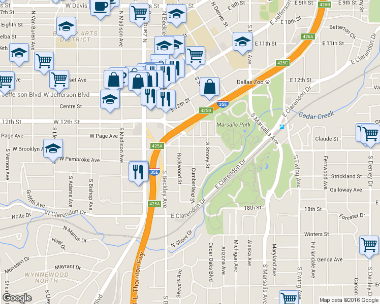 map of restaurants, bars, coffee shops, grocery stores, and more near 711 Cumberland Street in Dallas
