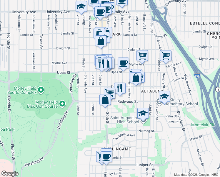map of restaurants, bars, coffee shops, grocery stores, and more near 3005 Thorn Street in San Diego