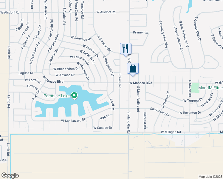 map of restaurants, bars, coffee shops, grocery stores, and more near 15512 South Patagonia Road in Arizona City