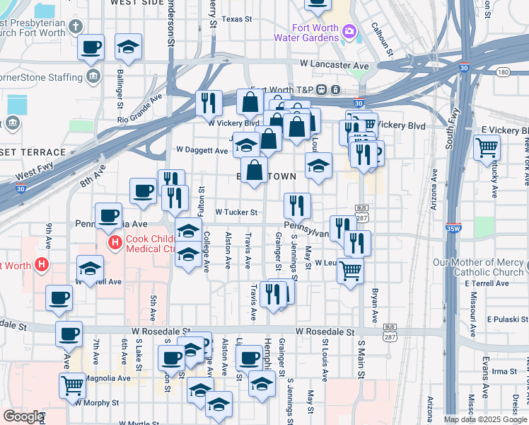 map of restaurants, bars, coffee shops, grocery stores, and more near 101 West Tucker Street in Fort Worth
