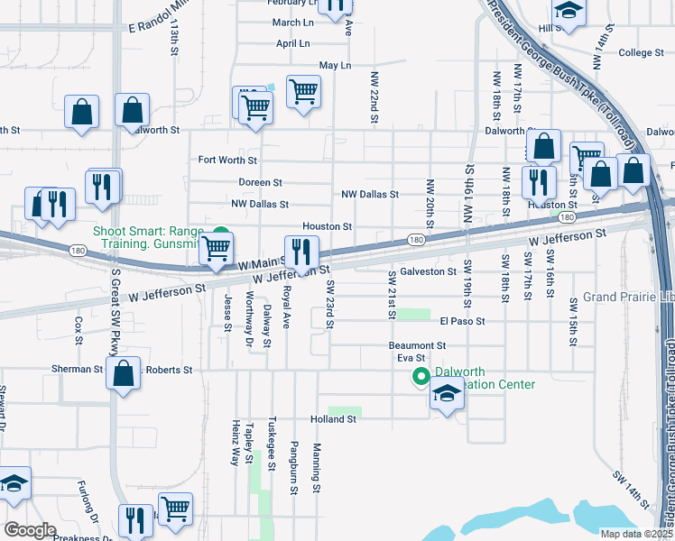 map of restaurants, bars, coffee shops, grocery stores, and more near 2217 West Jefferson Street in Grand Prairie