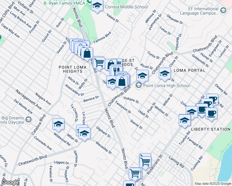map of restaurants, bars, coffee shops, grocery stores, and more near 2128 Chatsworth Boulevard in San Diego