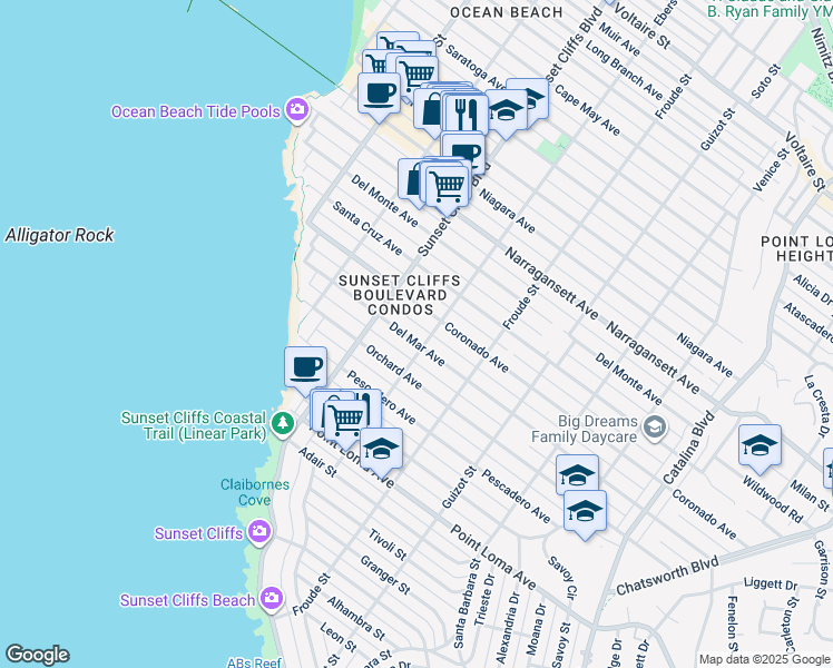map of restaurants, bars, coffee shops, grocery stores, and more near 4722 Del Mar Avenue in San Diego