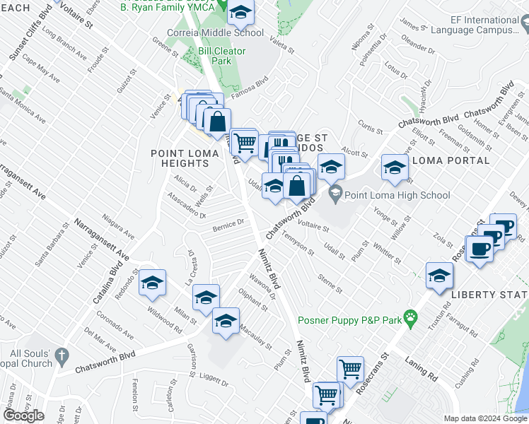 map of restaurants, bars, coffee shops, grocery stores, and more near 3746 Tennyson Street in San Diego
