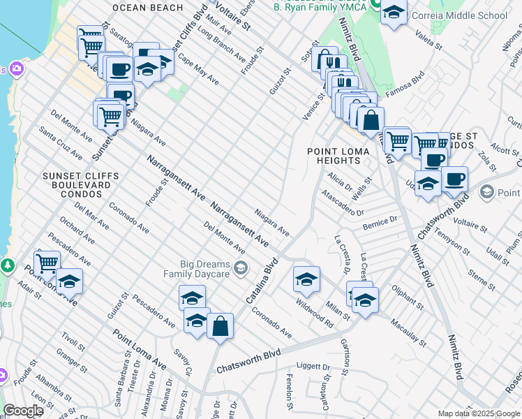 map of restaurants, bars, coffee shops, grocery stores, and more near 4330 Niagara Avenue in San Diego