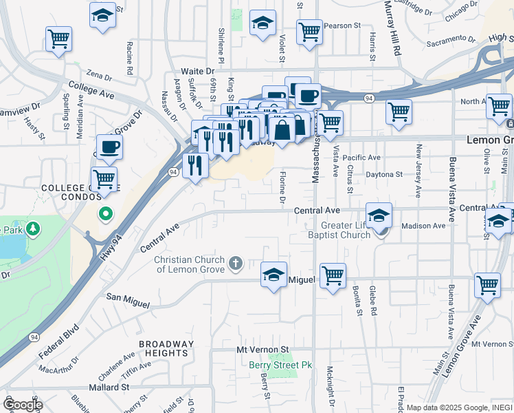 map of restaurants, bars, coffee shops, grocery stores, and more near 7030 Central Avenue in Lemon Grove