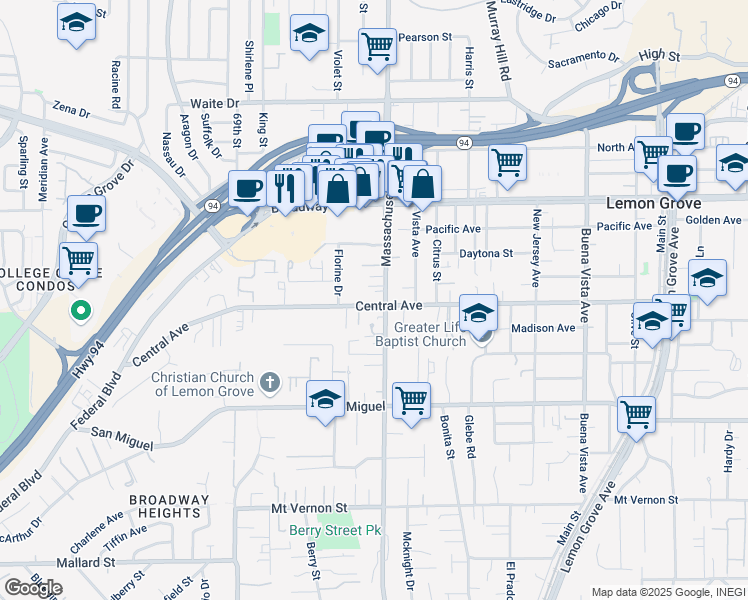 map of restaurants, bars, coffee shops, grocery stores, and more near 7180 Central Avenue in Lemon Grove