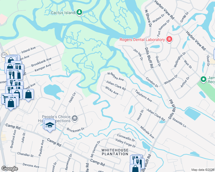 map of restaurants, bars, coffee shops, grocery stores, and more near 1332 Wicks Avenue in Charleston