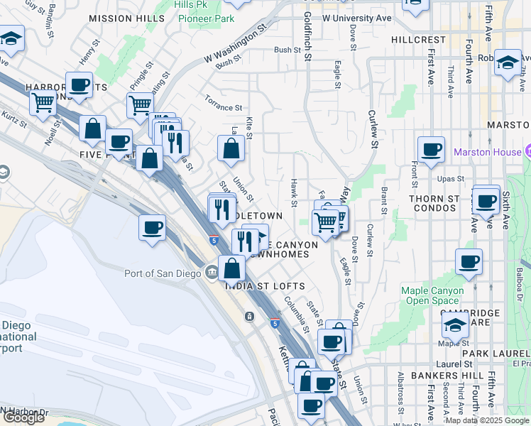 map of restaurants, bars, coffee shops, grocery stores, and more near 3317 Union Street in San Diego