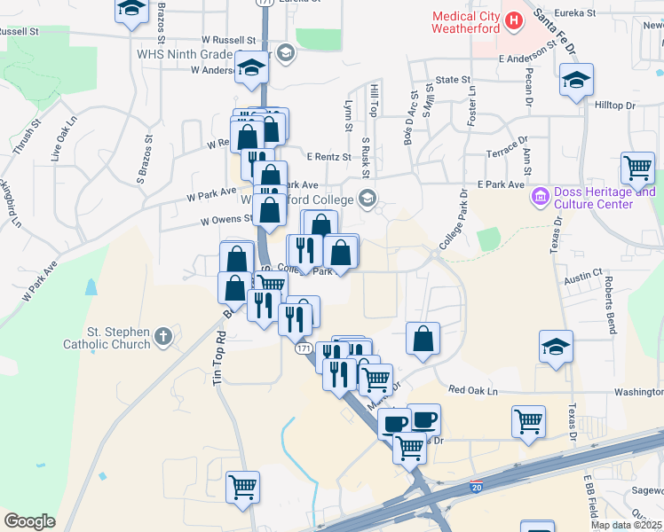map of restaurants, bars, coffee shops, grocery stores, and more near 177 College Park Drive in Weatherford