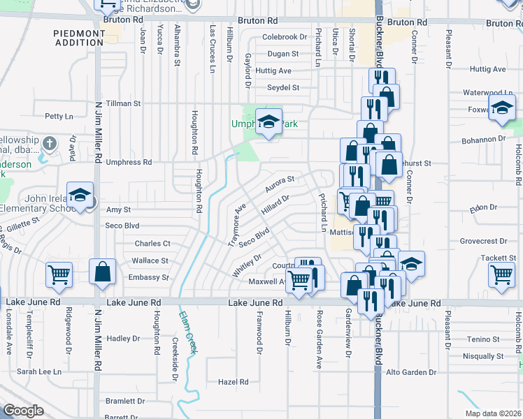 map of restaurants, bars, coffee shops, grocery stores, and more near 7703 Hillard Drive in Dallas