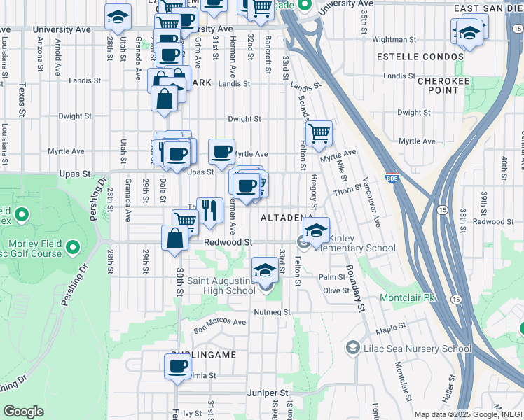 map of restaurants, bars, coffee shops, grocery stores, and more near 3211 Thorn Street in San Diego