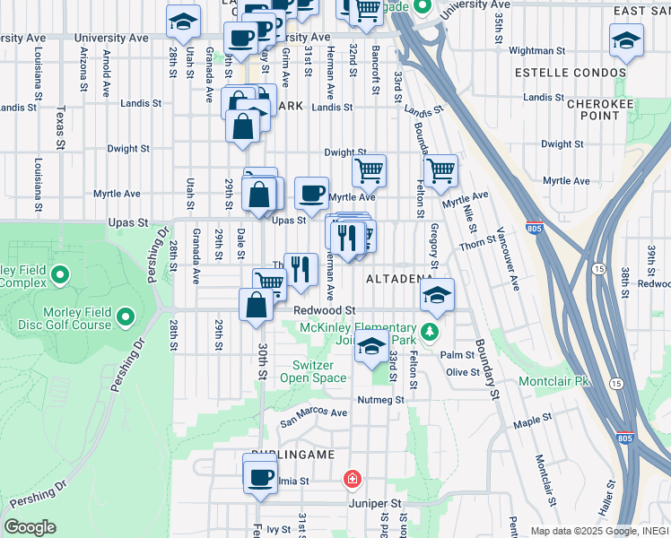 map of restaurants, bars, coffee shops, grocery stores, and more near 3245 Herman Avenue in San Diego