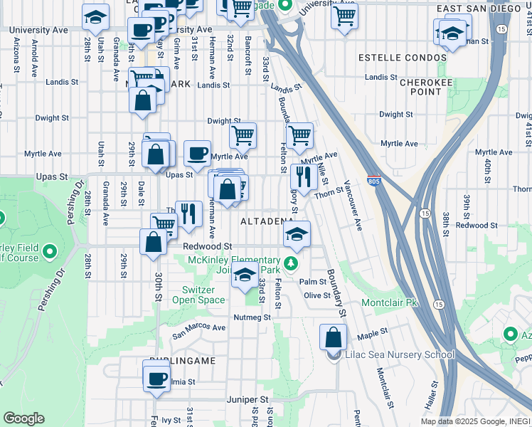 map of restaurants, bars, coffee shops, grocery stores, and more near in San Diego