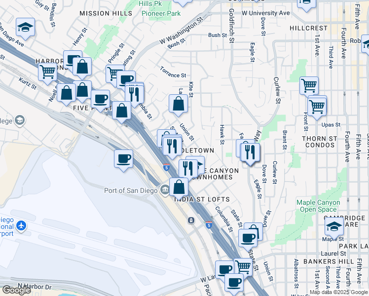 map of restaurants, bars, coffee shops, grocery stores, and more near in San Diego