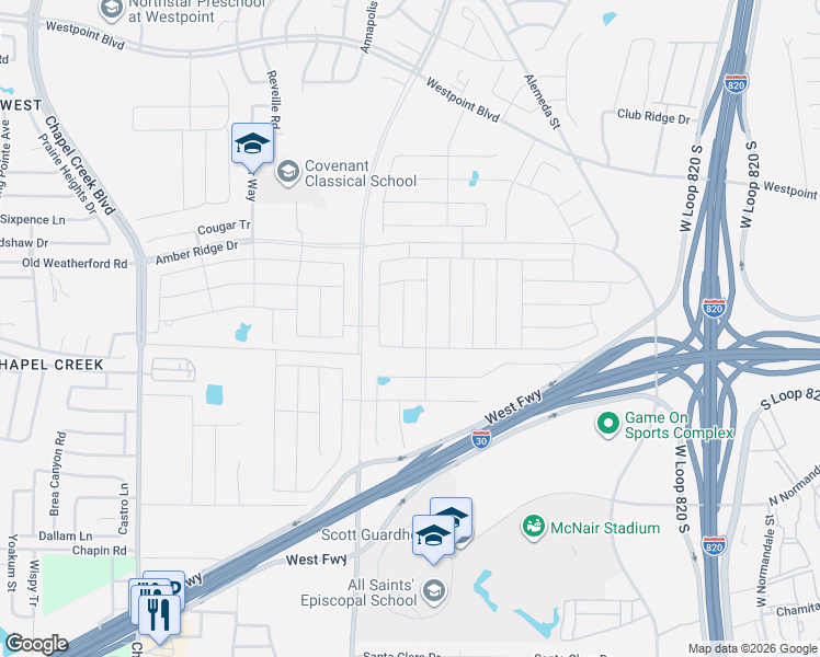 map of restaurants, bars, coffee shops, grocery stores, and more near 2312 Denmark Lane in Fort Worth