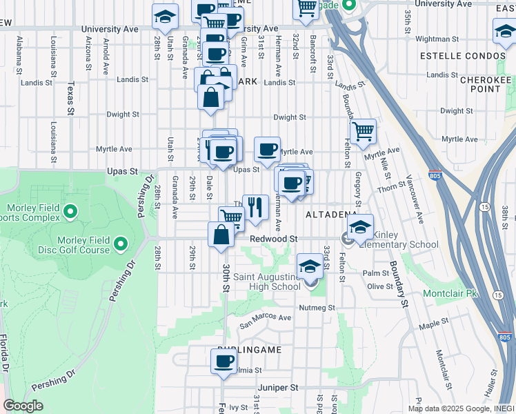 map of restaurants, bars, coffee shops, grocery stores, and more near 3089 Thorn Street in San Diego