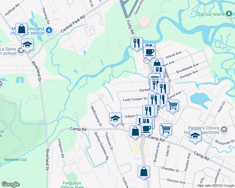 map of restaurants, bars, coffee shops, grocery stores, and more near 803B Santee Street in Charleston