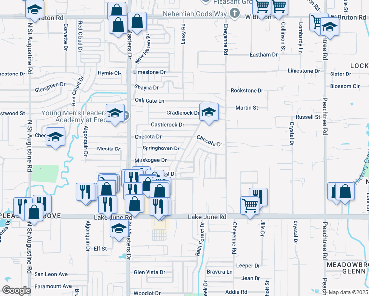 map of restaurants, bars, coffee shops, grocery stores, and more near 1525 Amity Lane in Dallas