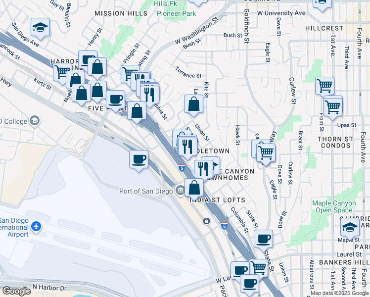 map of restaurants, bars, coffee shops, grocery stores, and more near 3460 Columbia Street in San Diego