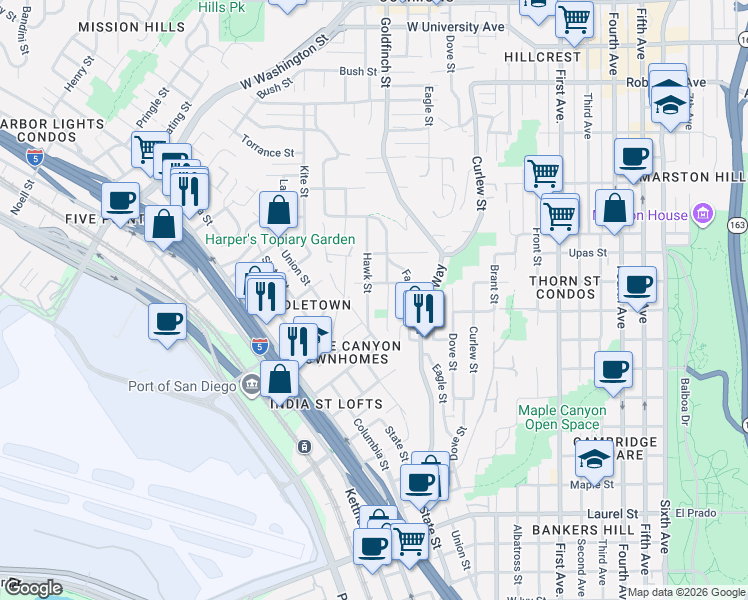 map of restaurants, bars, coffee shops, grocery stores, and more near 3231 Hawk Street in San Diego