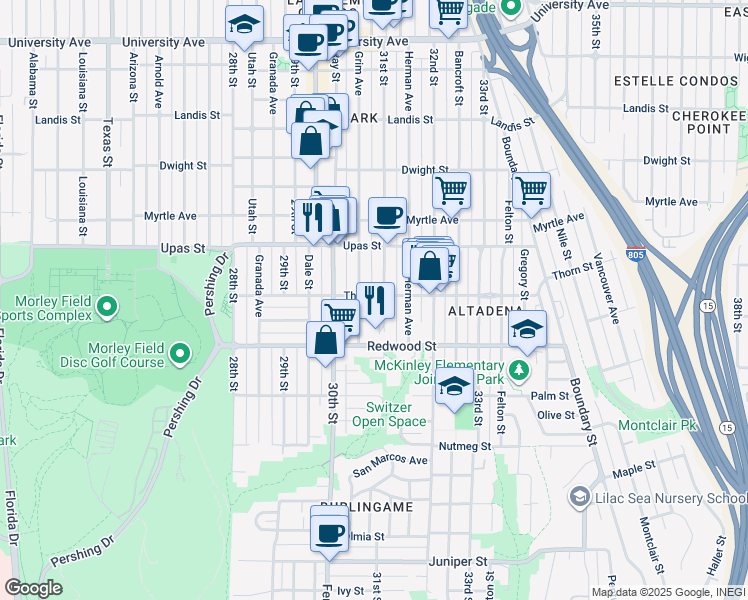 map of restaurants, bars, coffee shops, grocery stores, and more near 3087 Thorn Street in San Diego