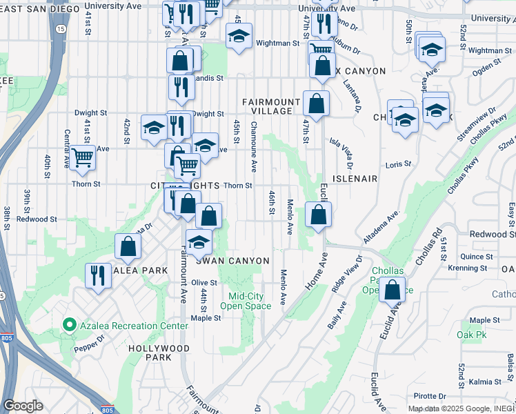 map of restaurants, bars, coffee shops, grocery stores, and more near 3128 46th Street in San Diego