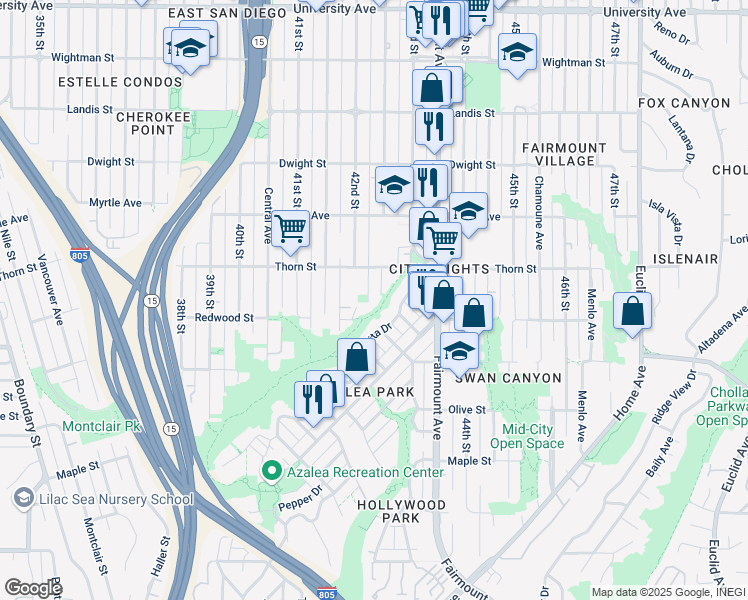 map of restaurants, bars, coffee shops, grocery stores, and more near 3184 Van Dyke Avenue in San Diego