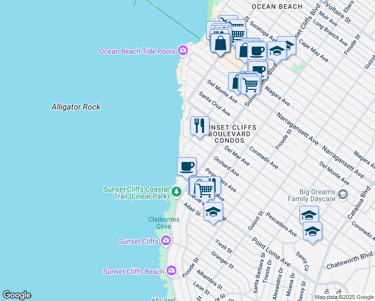 map of restaurants, bars, coffee shops, grocery stores, and more near 4878 Pescadero Avenue in San Diego