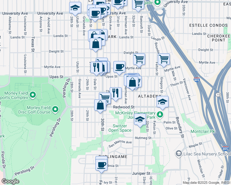map of restaurants, bars, coffee shops, grocery stores, and more near 3236 31st Street in San Diego
