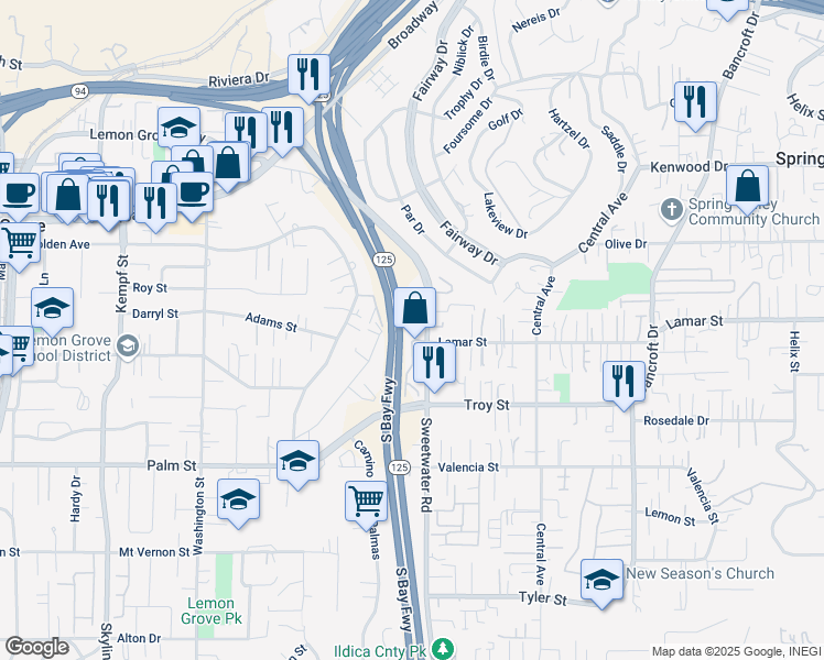 map of restaurants, bars, coffee shops, grocery stores, and more near 3148 Sweetwater Road in Lemon Grove