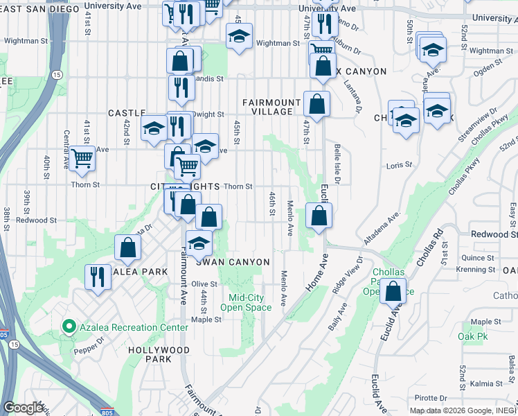 map of restaurants, bars, coffee shops, grocery stores, and more near 3135 Chamoune Avenue in San Diego