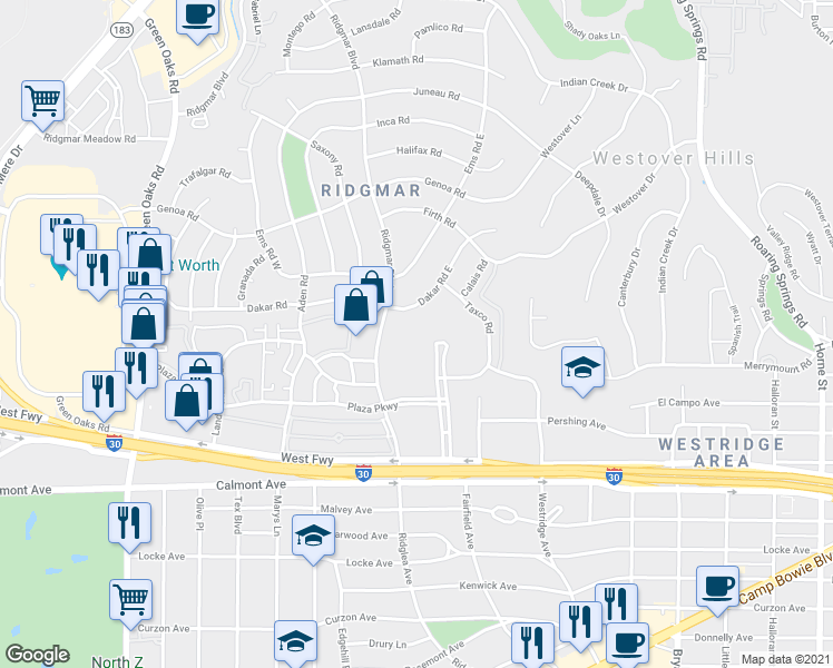 map of restaurants, bars, coffee shops, grocery stores, and more near 2298 Ridgmar Plaza in Fort Worth