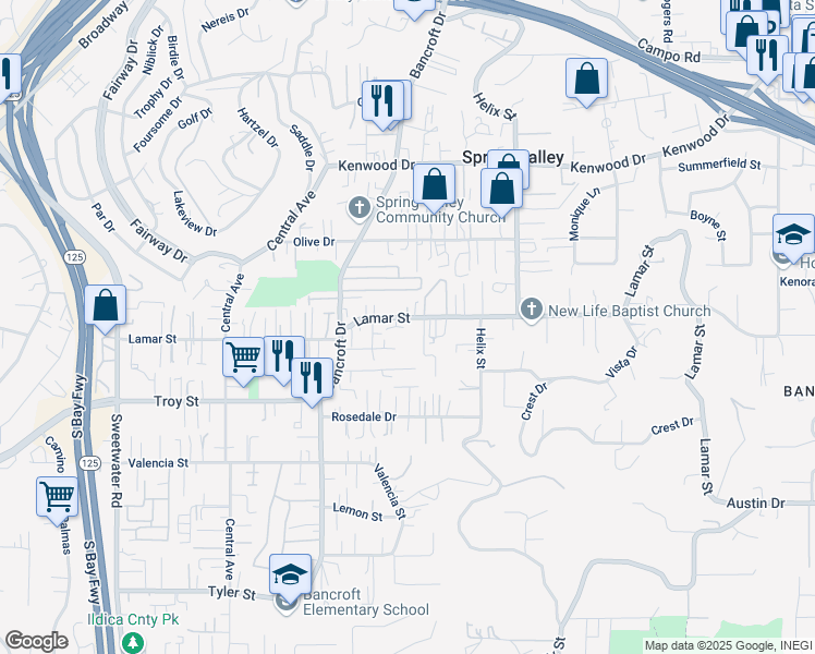 map of restaurants, bars, coffee shops, grocery stores, and more near 9107 Lamar Street in Spring Valley
