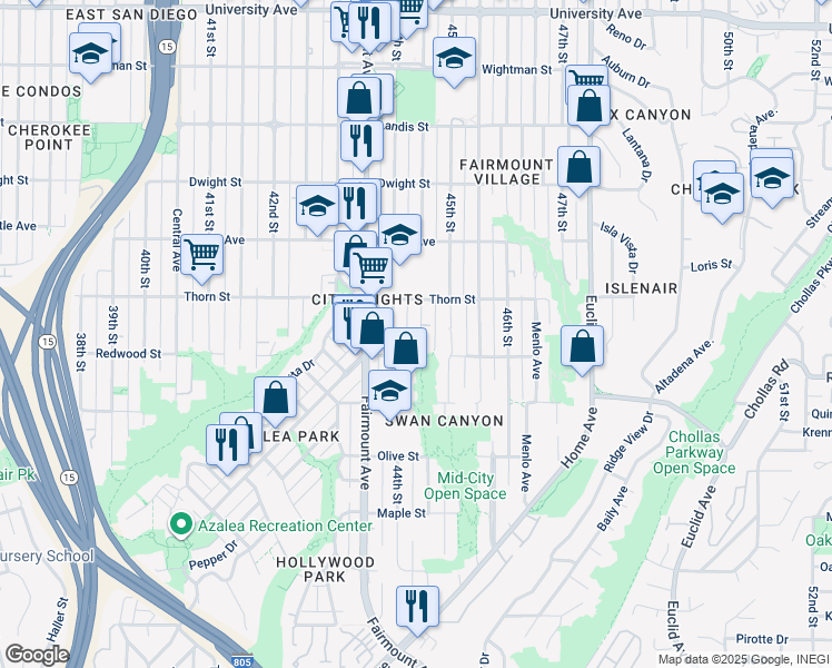 map of restaurants, bars, coffee shops, grocery stores, and more near 3138 Highland Avenue in San Diego