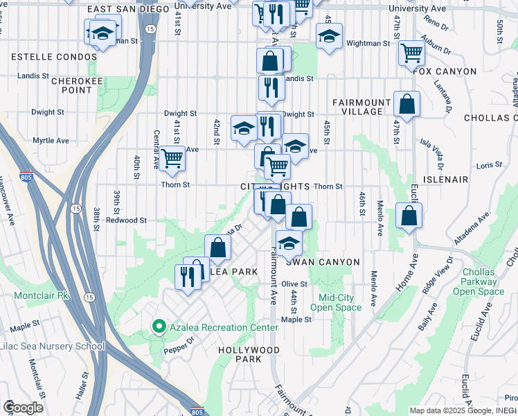 map of restaurants, bars, coffee shops, grocery stores, and more near 3144 Glenfield Street in San Diego
