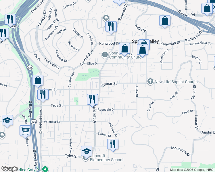 map of restaurants, bars, coffee shops, grocery stores, and more near 9033 Lamar Street in Spring Valley