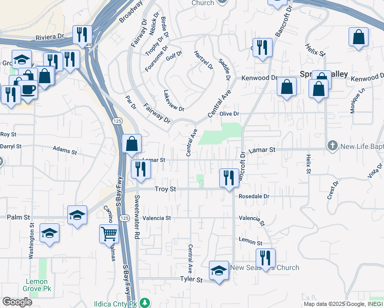 map of restaurants, bars, coffee shops, grocery stores, and more near 8780 Lamar Street in Spring Valley
