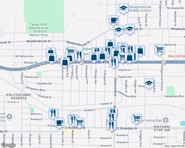map of restaurants, bars, coffee shops, grocery stores, and more near 505 Boston Avenue in Fort Worth